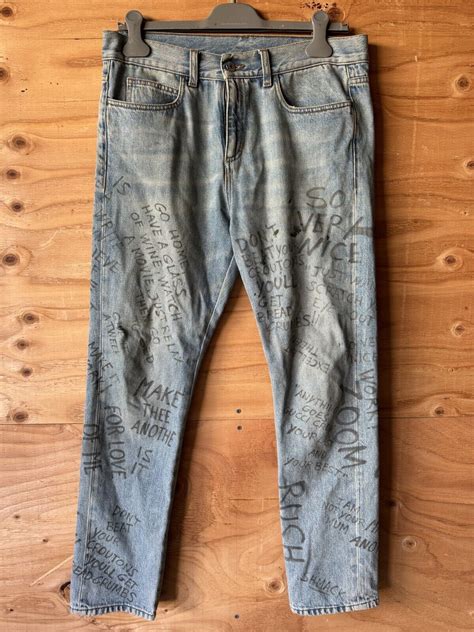 Mens Gucci Scribbled Writing Print Punk Pant In Blue Size 